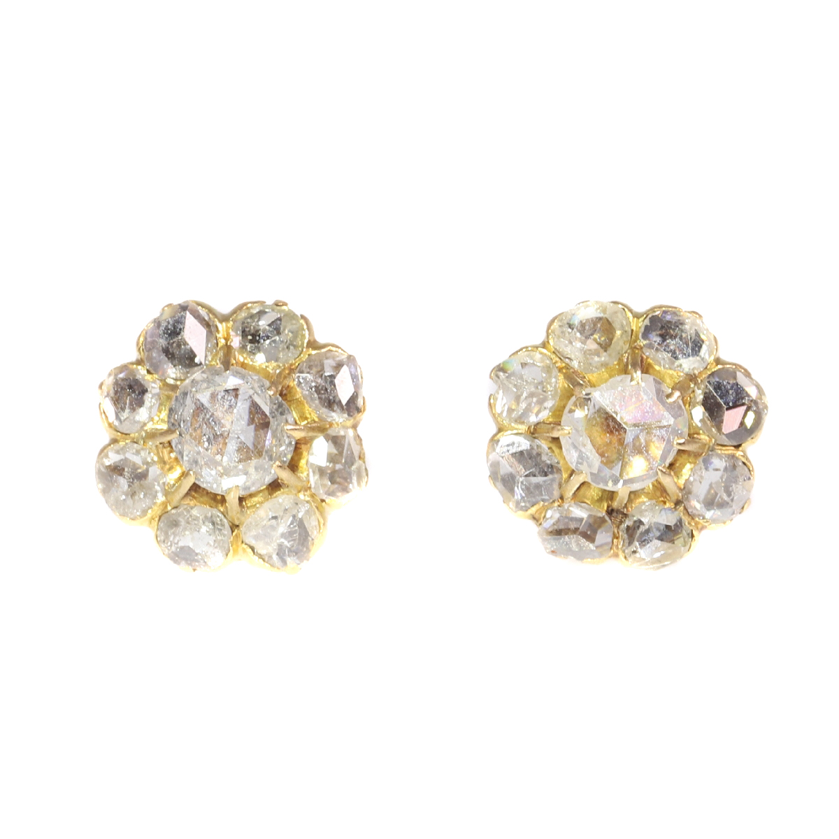 Antique Victorian 18K gold earstuds with 18 rose cut diamonds